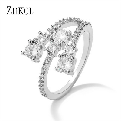 ZAKOL Модни отворени пръстени с бяло злато и циркониеви листа за момиче Модерни кристални крила Пръст за регулиране на пръстена Парти Дамски бижута