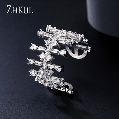 ZAKOL Модни отворени пръстени с бяло злато и циркониеви листа за момиче Модерни кристални крила Пръст за регулиране на пръстена Парти Дамски бижута