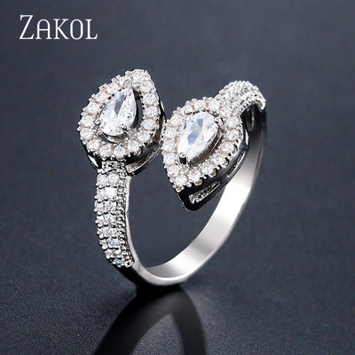 ZAKOL Модни отворени пръстени с бяло злато и циркониеви листа за момиче Модерни кристални крила Пръст за регулиране на пръстена Парти Дамски бижута