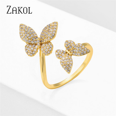 ZAKOL Модни отворени пръстени с бяло злато и циркониеви листа за момиче Модерни кристални крила Пръст за регулиране на пръстена Парти Дамски бижута