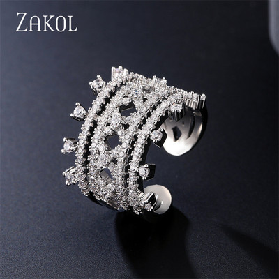 ZAKOL Модни отворени пръстени с бяло злато и циркониеви листа за момиче Модерни кристални крила Пръст за регулиране на пръстена Парти Дамски бижута