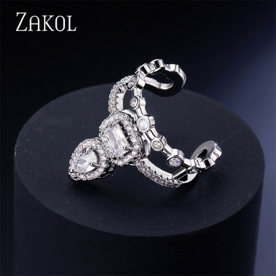 ZAKOL Модни отворени пръстени с бяло злато и циркониеви листа за момиче Модерни кристални крила Пръст за регулиране на пръстена Парти Дамски бижута