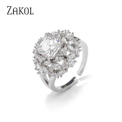 ZAKOL Модни отворени пръстени с бяло злато и циркониеви листа за момиче Модерни кристални крила Пръст за регулиране на пръстена Парти Дамски бижута