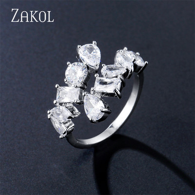 ZAKOL Модни отворени пръстени с бяло злато и циркониеви листа за момиче Модерни кристални крила Пръст за регулиране на пръстена Парти Дамски бижута