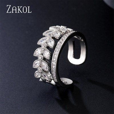 ZAKOL Модни отворени пръстени с бяло злато и циркониеви листа за момиче Модерни кристални крила Пръст за регулиране на пръстена Парти Дамски бижута