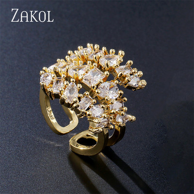 ZAKOL Модни отворени пръстени с бяло злато и циркониеви листа за момиче Модерни кристални крила Пръст за регулиране на пръстена Парти Дамски бижута