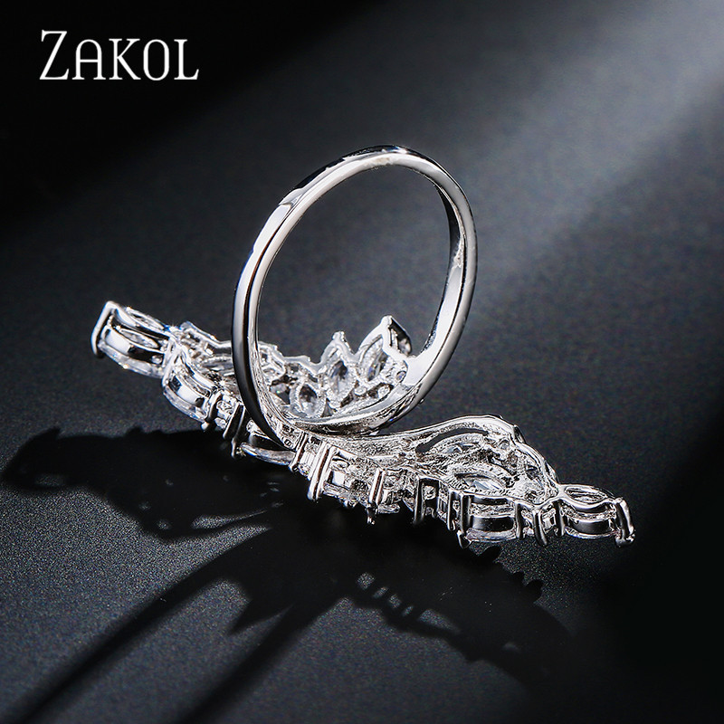 ZAKOL Модни отворени пръстени с бяло злато и циркониеви листа за момиче Модерни кристални крила Пръст за регулиране на пръстена Парти Дамски бижута