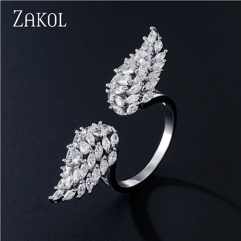 ZAKOL Модни отворени пръстени с бяло злато и циркониеви листа за момиче Модерни кристални крила Пръст за регулиране на пръстена Парти Дамски бижута