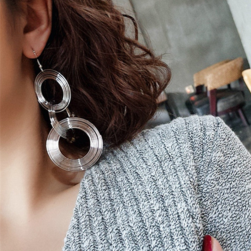 Punk aukso spalvos dideli geometriniai 3 apskritimai metaliniai ilgi kabantys auskarai moterims Bohemiškas vakarėlis perdėtas mados papuošalai