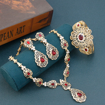 Sunspicems Morocco Bride Jewelry Sets Hollow Flower Women Earring Колие Гривна Water Drop Crystal арабски сватбено колие