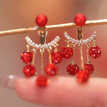 Модни червени дълги обеци с пискюли с кристали и сребърни игли за жени