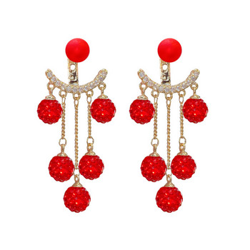 Модни червени дълги обеци с пискюли с кристали и сребърни игли за жени