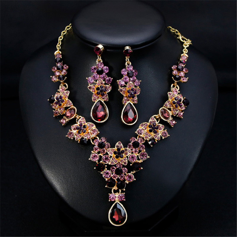 Πολυτελή μωβ Crystal Star Rhinestone σετ νυφικών κοσμημάτων για γυναίκες Σκουλαρίκια κολιέ νύφης Σετ κοσμημάτων γάμου μόδας