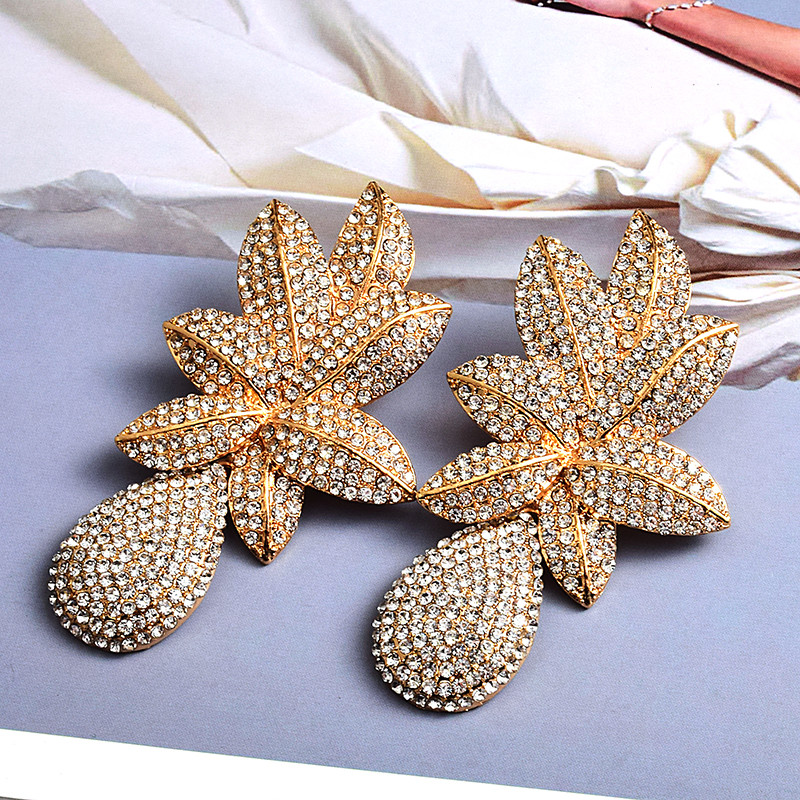 Nauji ilgi aukso spalvos metaliniai auskarai su gėlėmis, visiškai nusagstyti kristalais, aukštos kokybės kalnų krištolo papuošalų priedai moterims