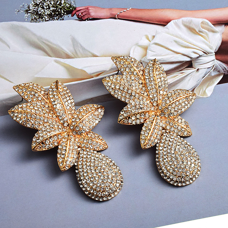 Nauji ilgi aukso spalvos metaliniai auskarai su gėlėmis, visiškai nusagstyti kristalais, aukštos kokybės kalnų krištolo papuošalų priedai moterims