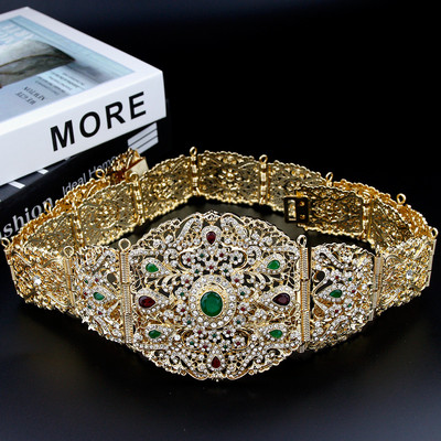 Sunspicems Zlatá farba Alžírsko Maroko Opasok Koruna Nevesta Svadobné Šperky Arabské Ženy Retiazka na telo Diadémy s plnými krištáľmi Kaftan Bijoux