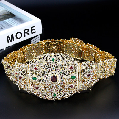 Sunspicems Zlatá farba Alžírsko Maroko Opasok Koruna Nevesta Svadobné Šperky Arabské Ženy Retiazka na telo Diadémy s plnými krištáľmi Kaftan Bijoux