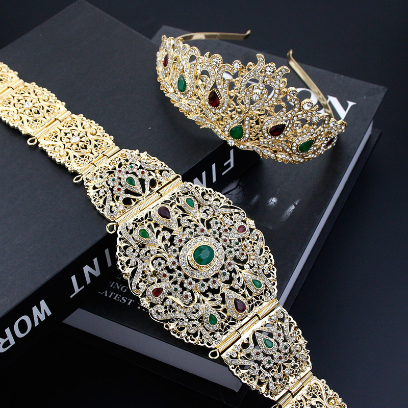 Saulės prieskoniai Aukso Spalva Alžyras Marokas Diržas Karūna Nuotaka Vestuviniai Papuošalai Arabų Moterų Kūno Grandinė Tiaras Visas krištolo kaftanas bižukas