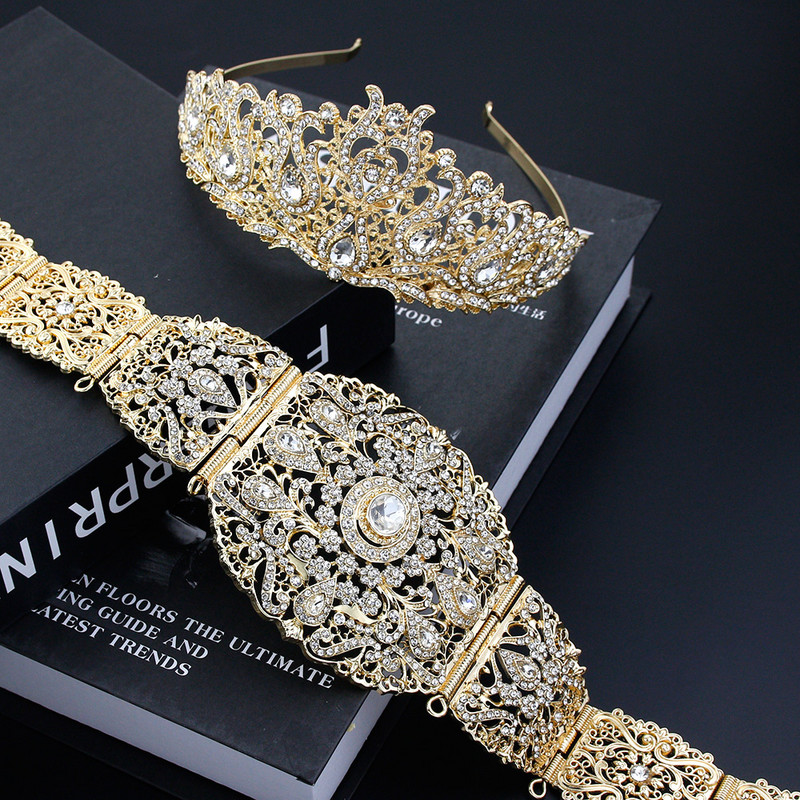 Saulės prieskoniai Aukso Spalva Alžyras Marokas Diržas Karūna Nuotaka Vestuviniai Papuošalai Arabų Moterų Kūno Grandinė Tiaras Visas krištolo kaftanas bižukas