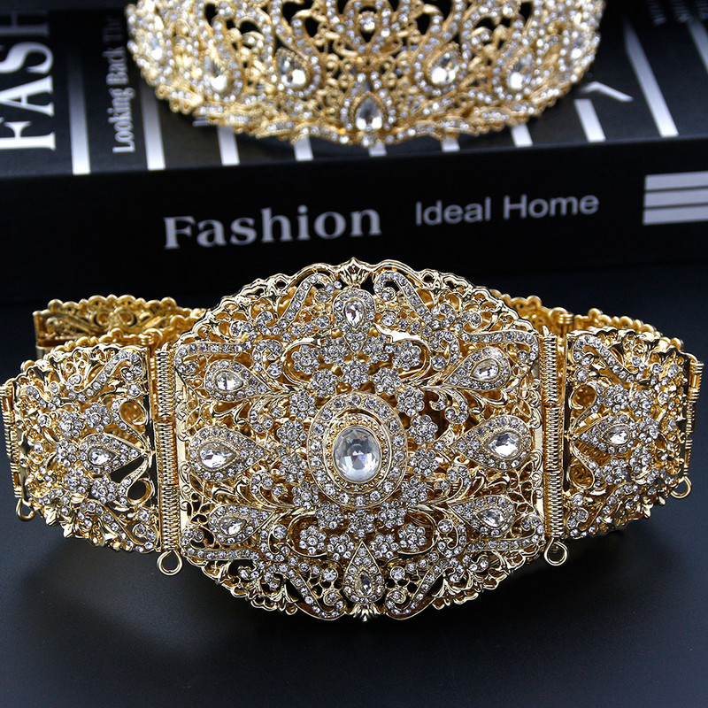 Saulės prieskoniai Aukso Spalva Alžyras Marokas Diržas Karūna Nuotaka Vestuviniai Papuošalai Arabų Moterų Kūno Grandinė Tiaras Visas krištolo kaftanas bižukas