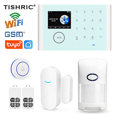TISHRIC Tuya Охранителни аларми за домашен Wifi комплект Домашна алармена система Wifi Сензор за врата Безжичен звънец/ Домашна аларма Управление на GSM приложение