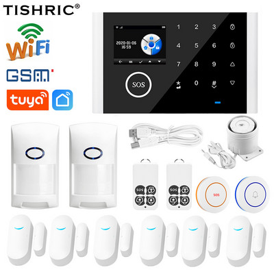 TISHRIC Tuya Охранителни аларми за домашен Wifi комплект Домашна алармена система Wifi Сензор за врата Безжичен звънец/ Домашна аларма Управление на GSM приложение
