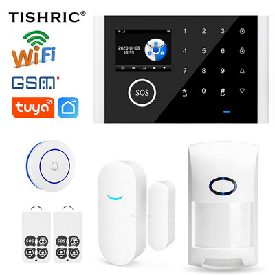 TISHRIC Tuya Охранителни аларми за домашен Wifi комплект Домашна алармена система Wifi Сензор за врата Безжичен звънец/ Домашна аларма Управление на GSM приложение