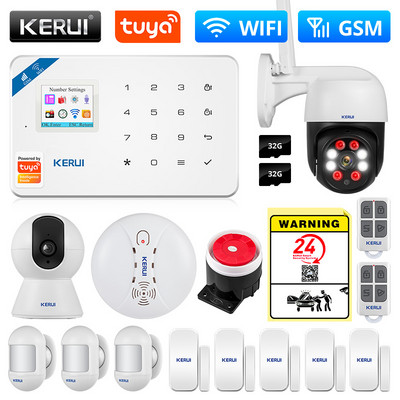 Bezdrôtový inteligentný domáci systém KERUI WIFI GSM bezpečnostný alarm SMS Tuya ovládanie aplikácie domáca kamera s detektorom pohybu, senzorom vlámania IP
