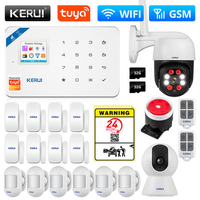 Bezdrôtový inteligentný domáci systém KERUI WIFI GSM bezpečnostný alarm SMS Tuya ovládanie aplikácie domáca kamera s detektorom pohybu, senzorom vlámania IP