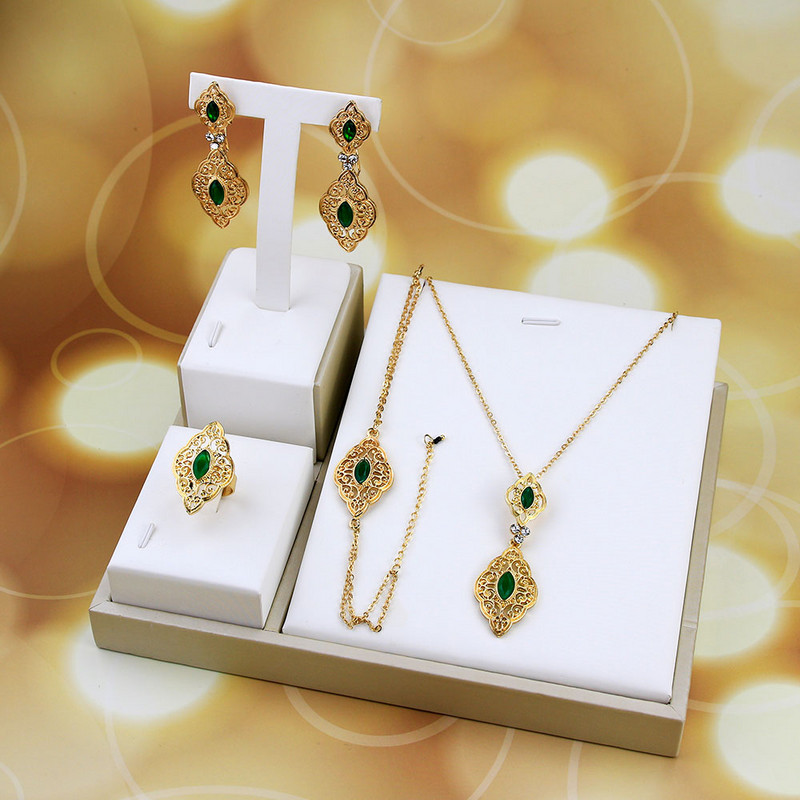 Sunspicems Chic algériai marokkói menyasszony esküvői ékszer szett nőknek arany színű fülbevaló nyaklánc karkötő gyűrű 4db arab bizsu