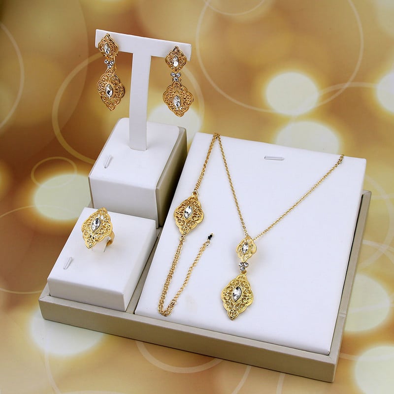 Sunspicems Chic algériai marokkói menyasszony esküvői ékszer szett nőknek arany színű fülbevaló nyaklánc karkötő gyűrű 4db arab bizsu