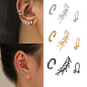 LATS Обеци с щипка с цвят на бяло злато и листа от циркон за жени, мъже, креативен прост маншет за уши, комплект щипки за уши без пиърсинг, модни бижута