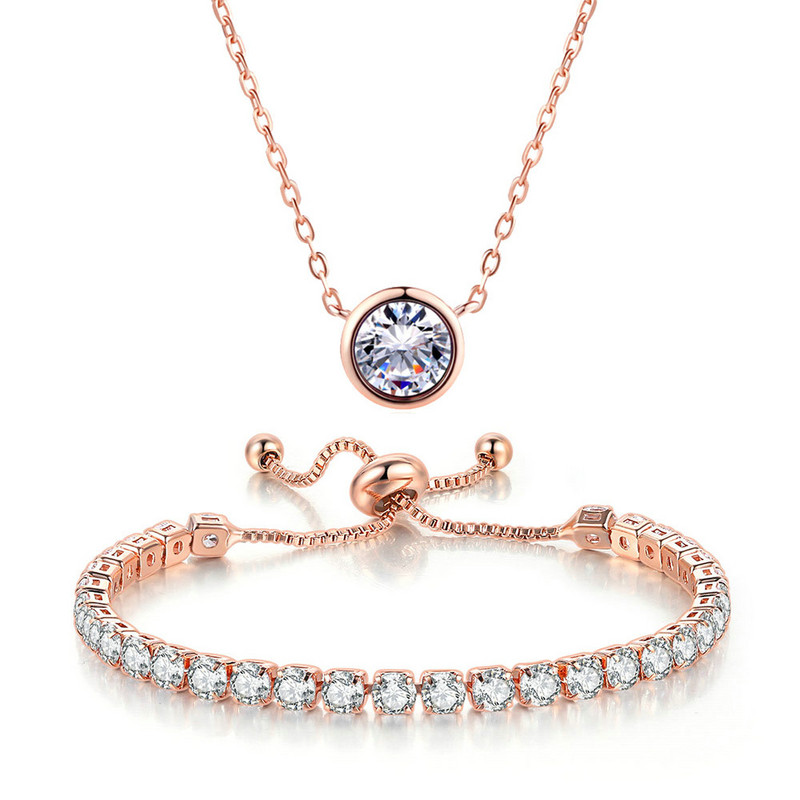 Горещи разпродажби блестящи 4 цвята Циркон Тенденции Комплект бижута за жени Колие Обеци Гривна Сватба Годеж Бижута Подарък на едро