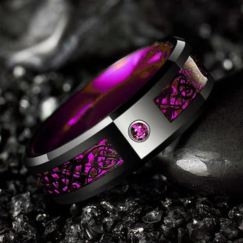 8MM класически мъжки черен волфрамов лилав пръстен с жлеб за мъже Пръстен с келтски дракон Инкрустация с лилав циркон Мъжка брачна лента от въглеродни влакна