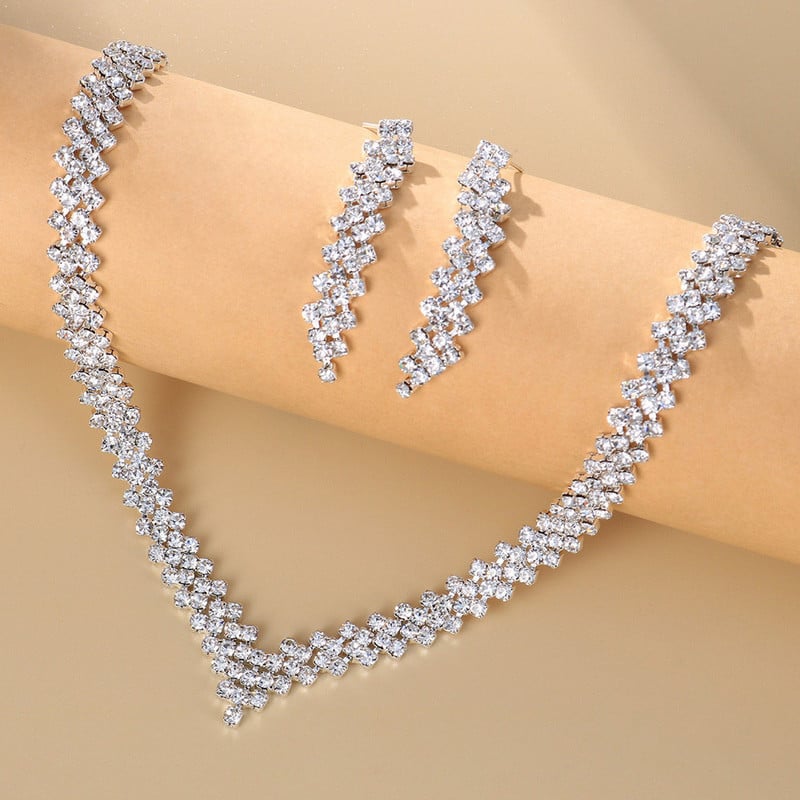 Set de cercei de colier cu strass, pastilă de nuntă, pentru femei, bijuterii, placate cu argint, cercei cu ciucuri, cadouri de mireasă