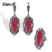 Kinel Horúce boho červené kamenné náušnice prsteňové sady pre ženy tibetské strieborno-šedé krištáľové etnické nevesty svadobné oválne náušnice vintage šperk