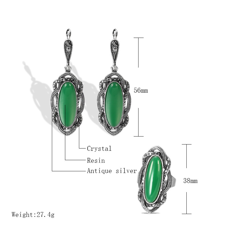 Kinel Hot Boho Seturi de inele de piatră roșie pentru femei Tibetan Gri argintiu Cristal Etnic Mireasă Nuntă Cercei ovali Bijuterie vintage