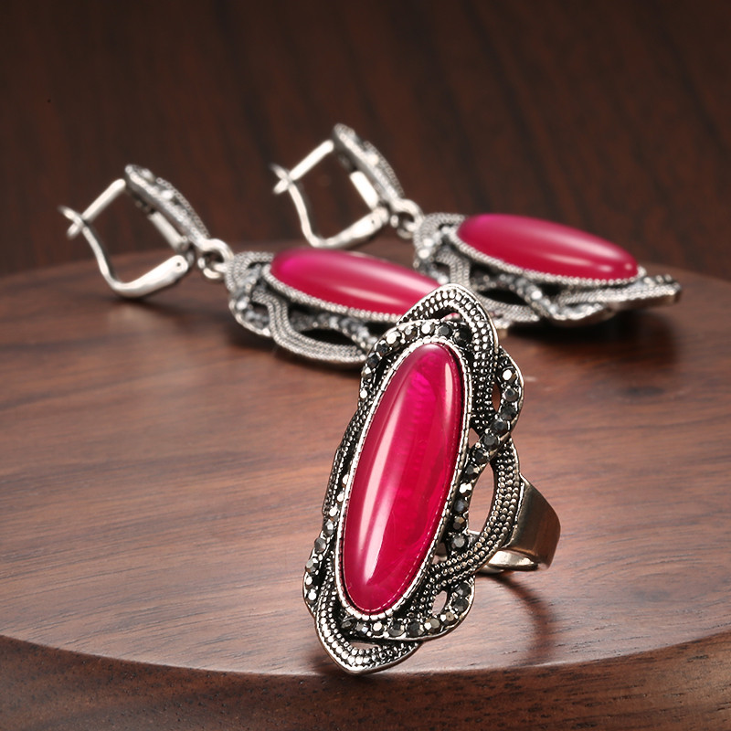 Kinel Hot Boho Seturi de inele de piatră roșie pentru femei Tibetan Gri argintiu Cristal Etnic Mireasă Nuntă Cercei ovali Bijuterie vintage