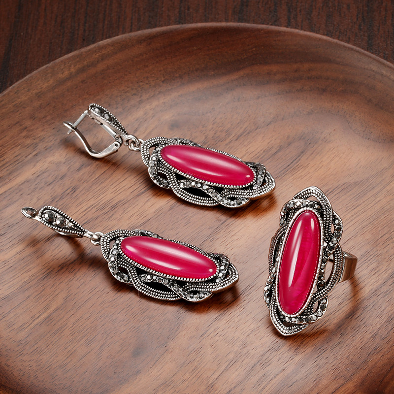 Kinel Hot Boho Seturi de inele de piatră roșie pentru femei Tibetan Gri argintiu Cristal Etnic Mireasă Nuntă Cercei ovali Bijuterie vintage