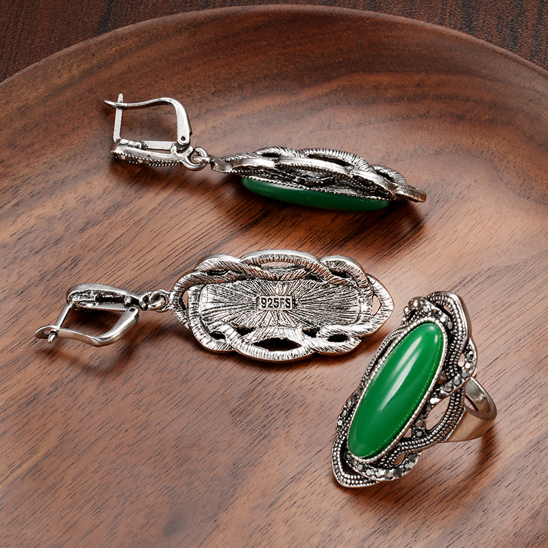 Kinel Hot Boho Seturi de inele de piatră roșie pentru femei Tibetan Gri argintiu Cristal Etnic Mireasă Nuntă Cercei ovali Bijuterie vintage