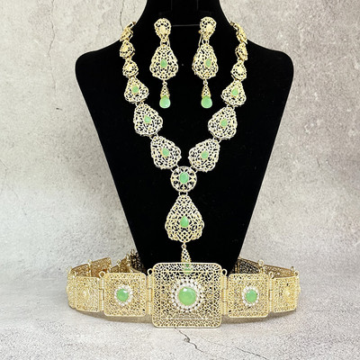 Set de bijuterii caftan arab pentru femeie, culoare aurie, design gol, rochie de mireasa de lux, curea, colier, set de cercei, bijuterii de cristal pentru mireasa