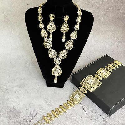 Set de bijuterii caftan arab pentru femeie, culoare aurie, design gol, rochie de mireasa de lux, curea, colier, set de cercei, bijuterii de cristal pentru mireasa