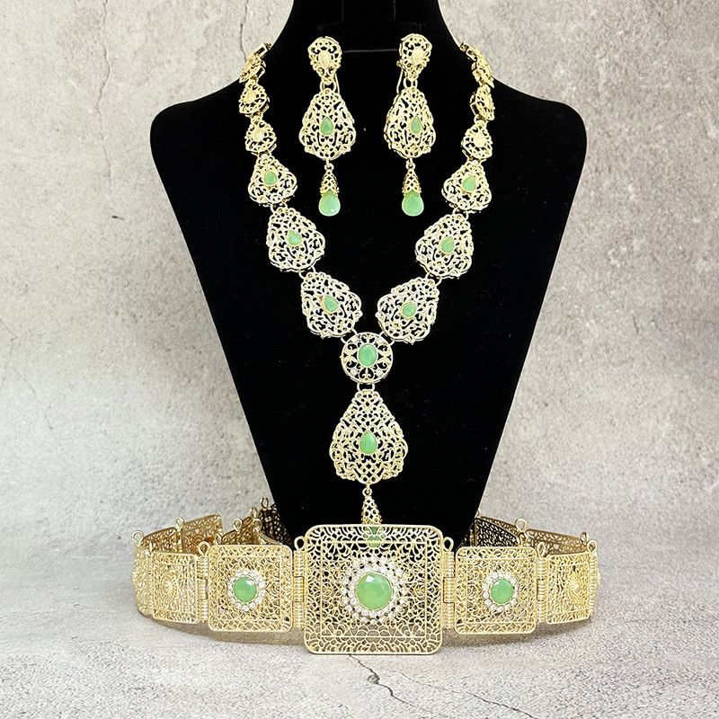 Set de bijuterii caftan arab pentru femeie, culoare aurie, design gol, rochie de mireasa de lux, curea, colier, set de cercei, bijuterii de cristal pentru mireasa