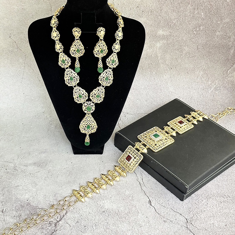 Set de bijuterii caftan arab pentru femeie, culoare aurie, design gol, rochie de mireasa de lux, curea, colier, set de cercei, bijuterii de cristal pentru mireasa