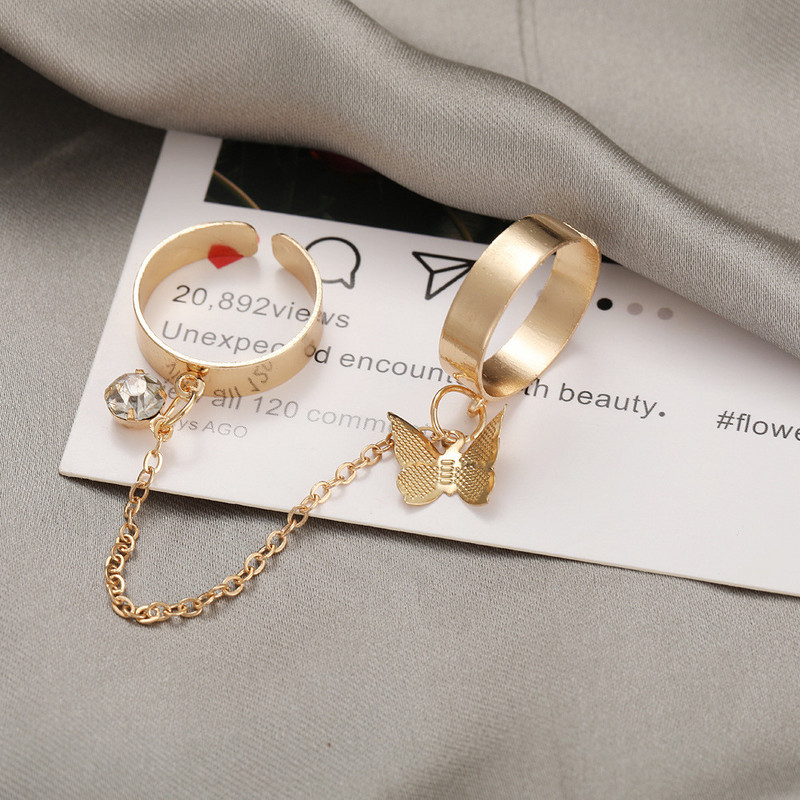 Пънк златни сребърни пръстени с пеперуди Многослойна хип-хоп верига Два отворени пръстена Комплект пръстени за жени 2021 Модни бижута Подаръци