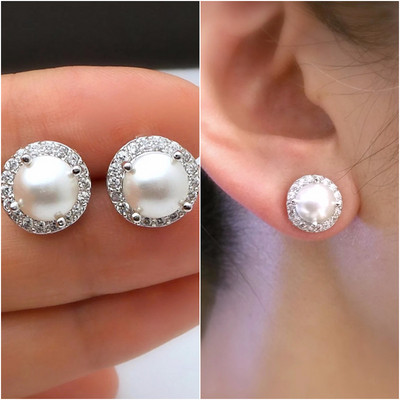 Huitan Cercei pentru femei, simpli, eleganti, cu perle de imitație, pavați cu piatră CZ Accesoriu versatil pentru urechi, petrecere de nuntă, bijuterii la modă