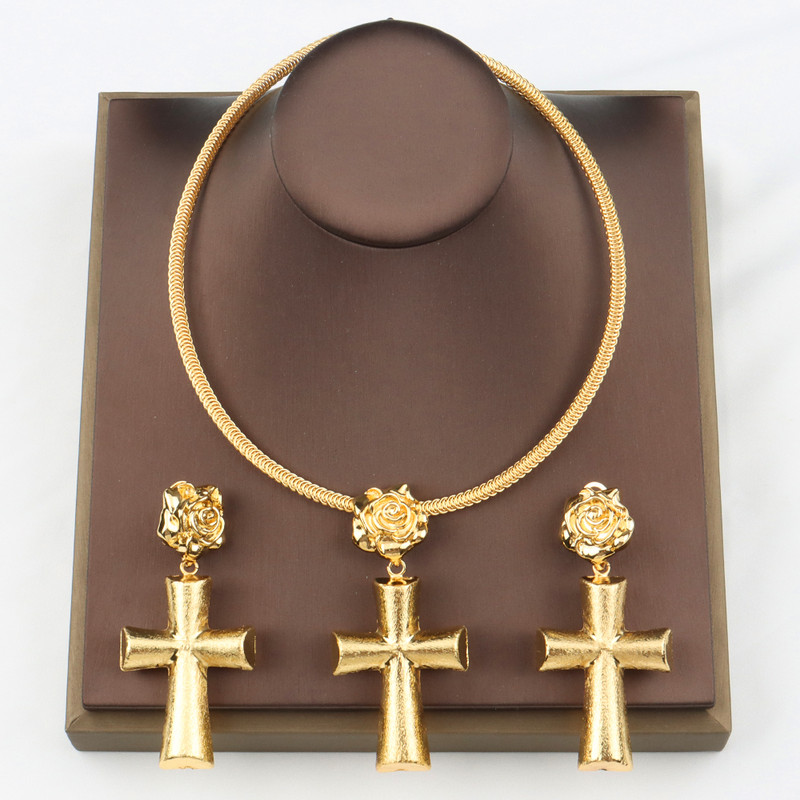 Afrikai arany színű ékszer készletek divatos kulcs kereszt medál fülbevaló nyaklánc készlet nők számára esküvői esküvő évfordulós ajándék