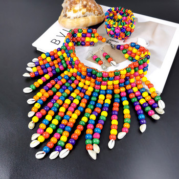 Bohemian Multicolor Woods Модни комплекти бижута за жени Мъниста Shell Tassel Изявление Choker Колие Обеци Гривни Африкански