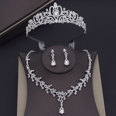 Sidabrinės spalvos rožinės krištolo šukos Tiaras vestuvinių papuošalų rinkiniai mergaičių vakarėliui Prom Crown Vestuvinė suknelė Auskarai karolių komplektai