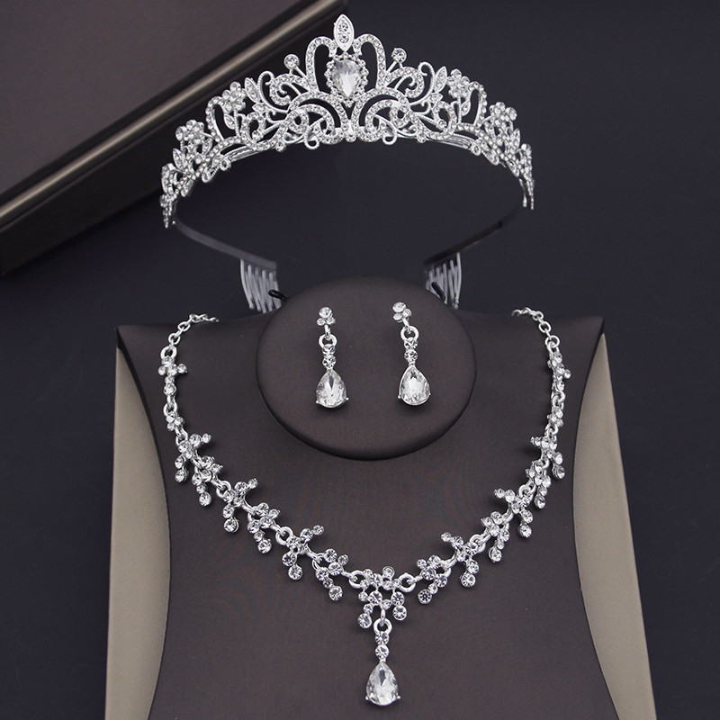 Sidabrinės spalvos rožinės krištolo šukos Tiaras vestuvinių papuošalų rinkiniai mergaičių vakarėliui Prom Crown Vestuvinė suknelė Auskarai karolių komplektai